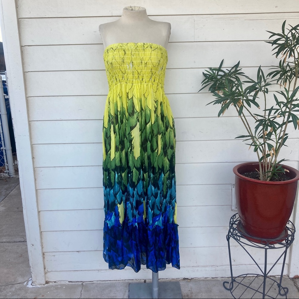 Vintage 90s Ombré Rainbow Strapless Maxi Dress Stretch Beach Sun Large T…